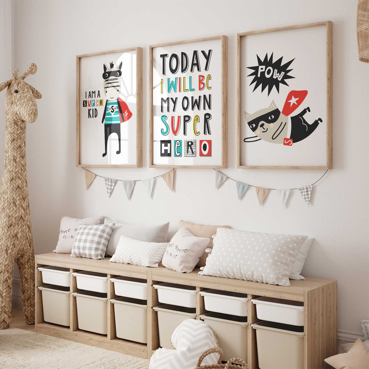 Superhero wall art set for boys bedrooms with bright colours and confidence boosting theme