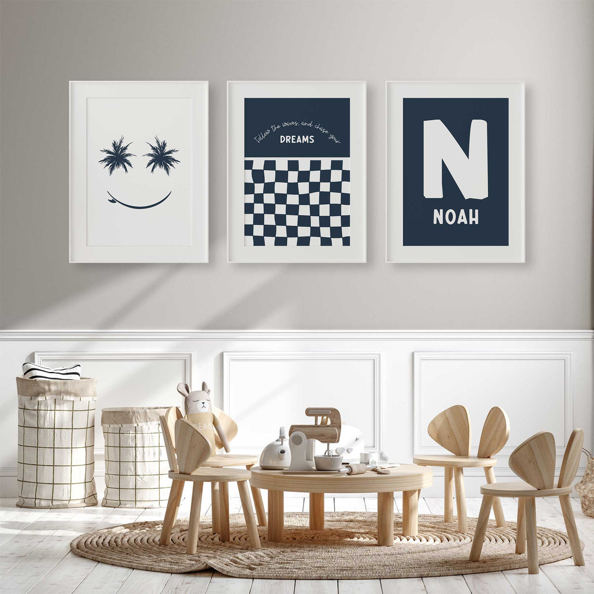 Navy surf wall art set with Noah name and initial, a wavy checkerboard quote and palm tree smiley on a light background.