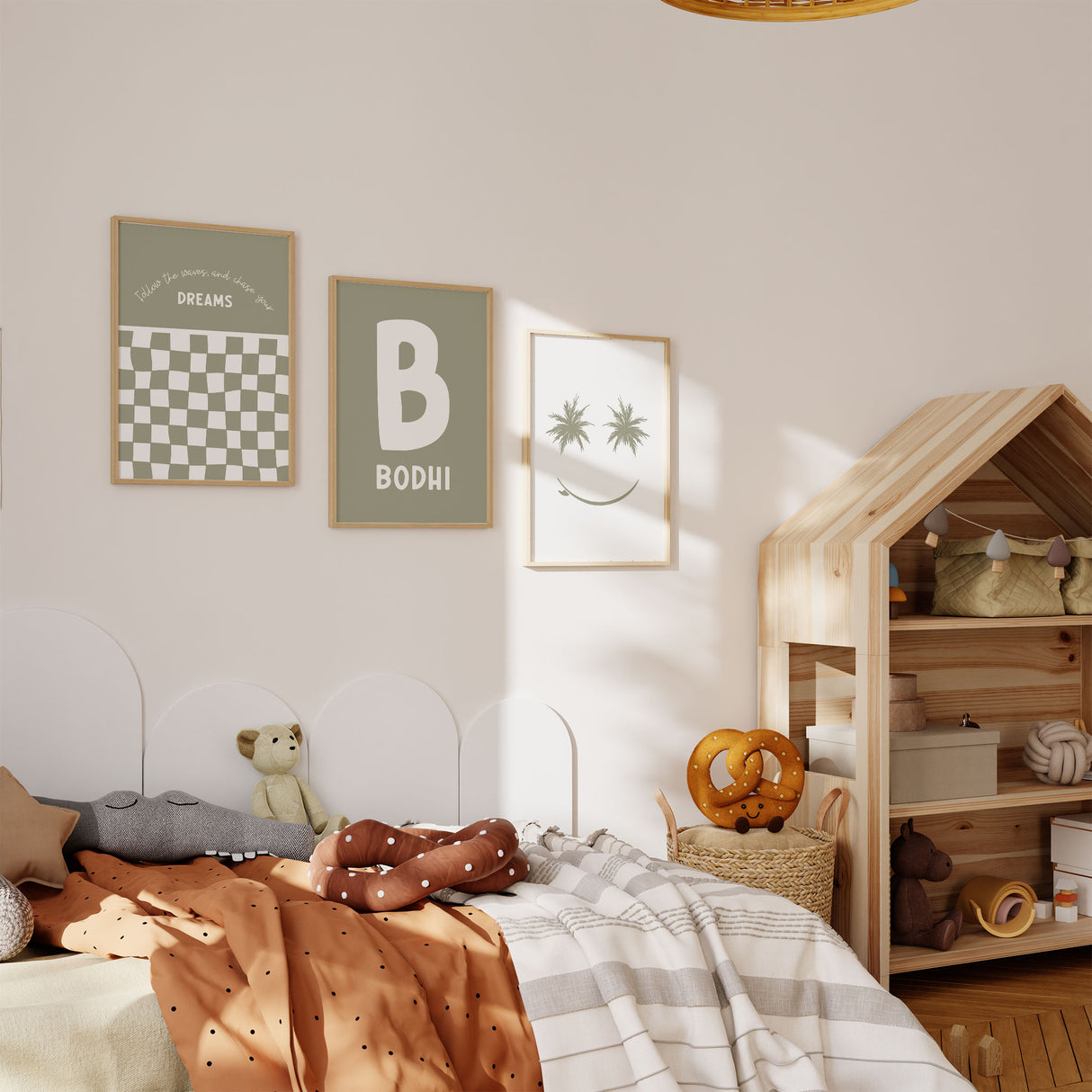 Boys surf nursery wall art set in sage green featuring personalised name initial, retro checkerboard print and palm tree smiley coastal artwork