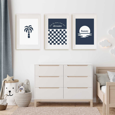 Cool surf wall art set for boys room with waves, palm tree, and personalised sun print – perfect for a beach-loving kid