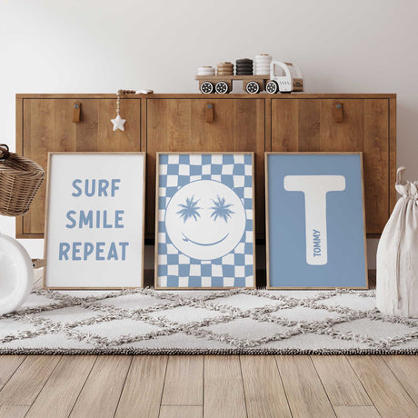 Personalised boys surf wall art set of three blue coastal prints for a boys bedroom