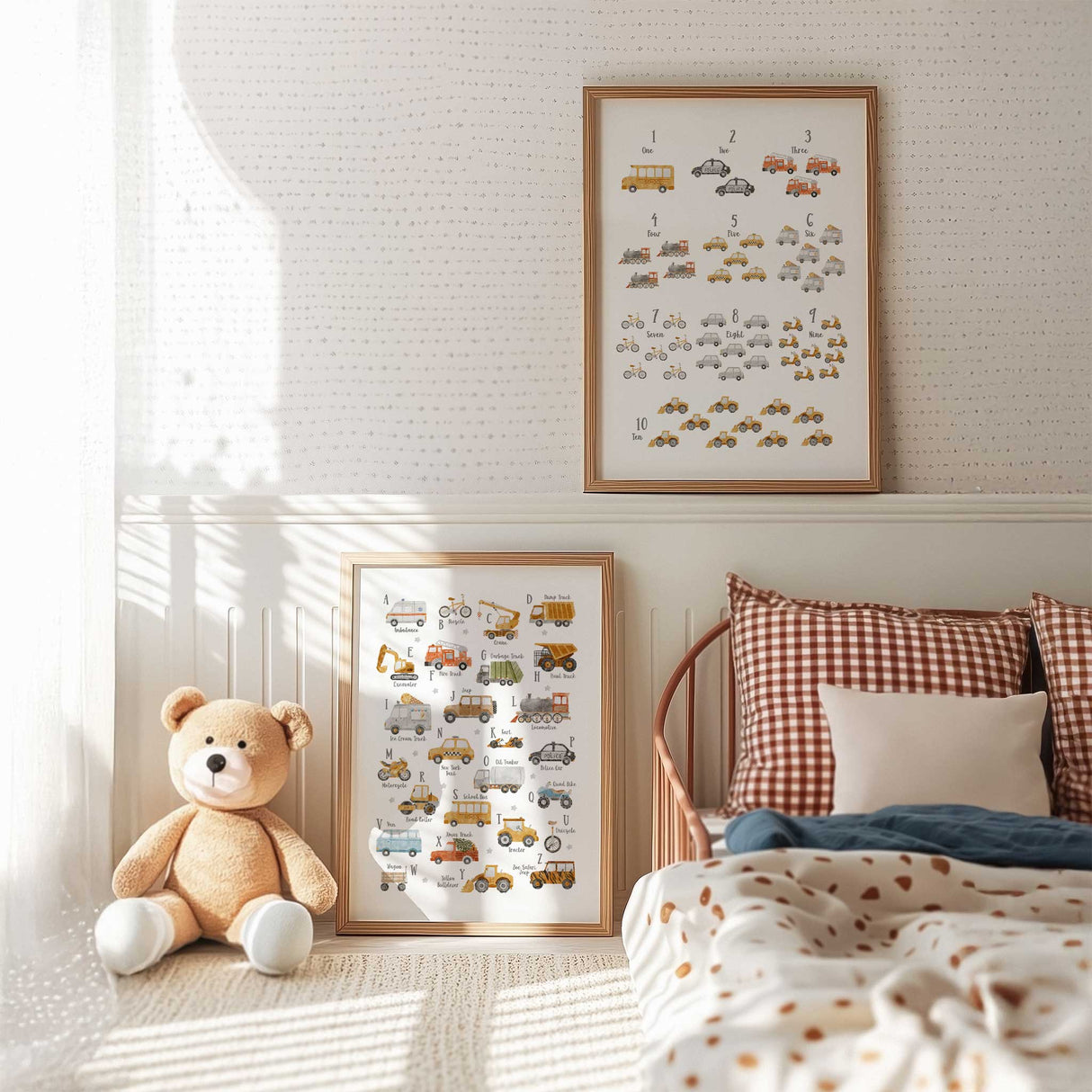 Boys transport alphabet and numbers print set with illustrated vehicles for kids room décor.