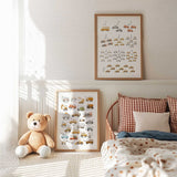Boys transport alphabet and numbers print set with illustrated vehicles for kids room décor.