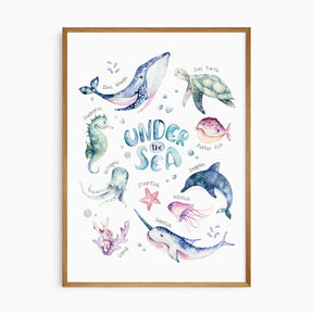 Boys Under the Sea nursery wall art with ocean animals, whale, dolphin and turtle print