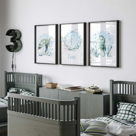 Turtle and Seahorse Wall Art Print – A delightful under-the-sea design featuring a turtle, seahorse, and other sea creatures.