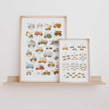 Matching vehicle themed ABC and 123 wall art prints for a boys room or playroom.