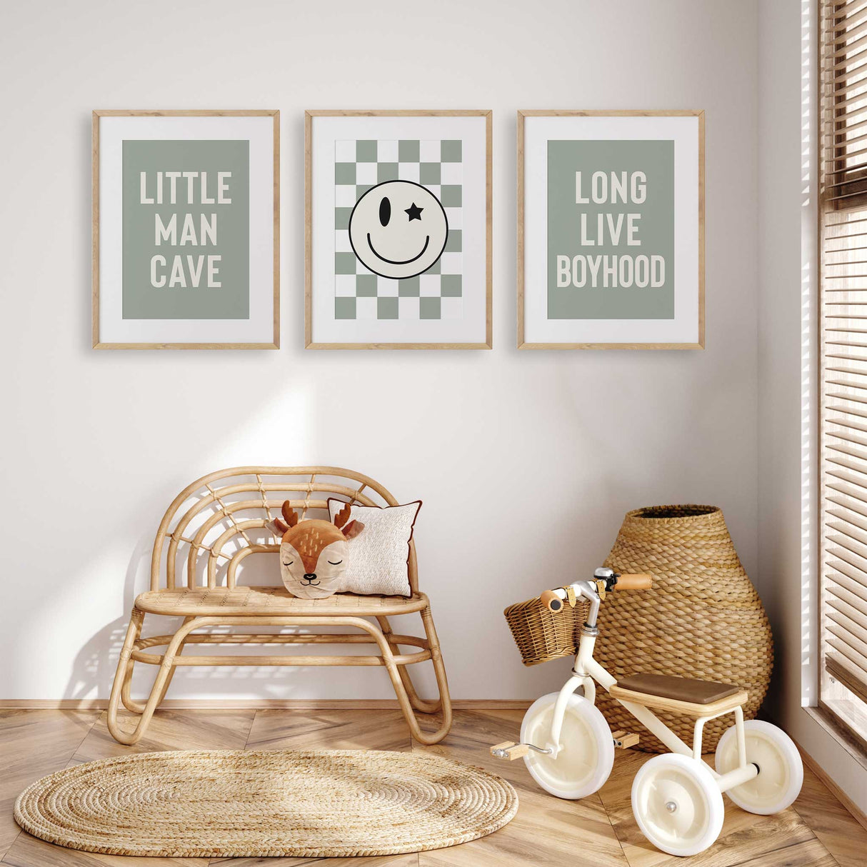 Boys wall art set of three sage green prints with quotes and smiley face for kids playroom