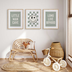 Boys wall art set of three sage green prints with quotes and smiley face for kids playroom