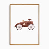 Brown watercolour ride-on car print featuring the number 1, a tan seat and large pale wheels on a white background.