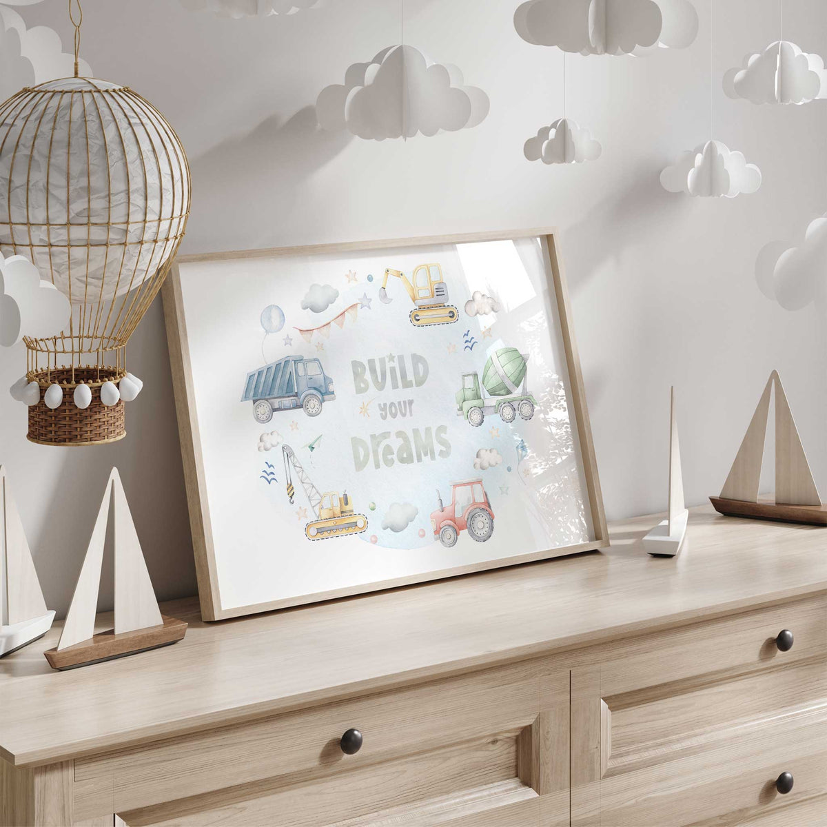 Build Your Dreams kids wall art print featuring colourful watercolour construction trucks, crane, tractor and excavator