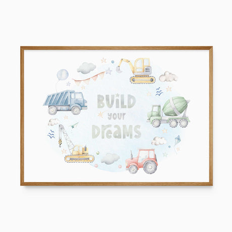 Nursery wall art featuring construction vehicles and the text "BUILD YOUR DREAMS." Perfect for baby showers and nursery decor.