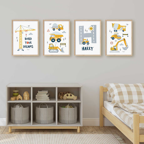 Four construction prints featuring yellow vehicles, a personalised road initial and a Build Your Dreams crane on white.
