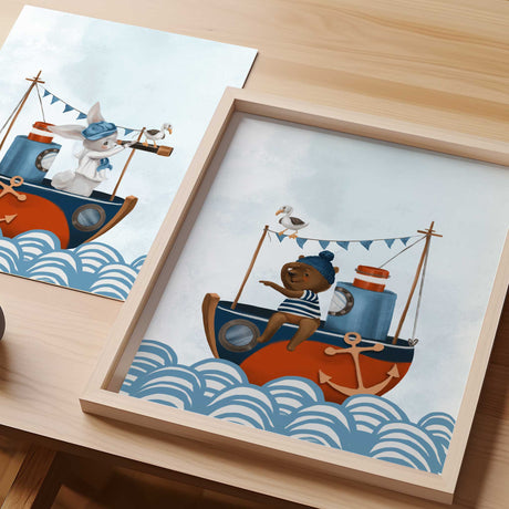 Set of three nautical prints with a bunny sailor, teddy bear in a boat and striped lighthouse in red and blue tones.