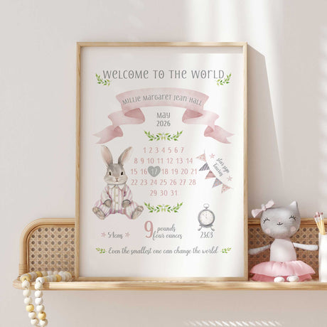 Pink personalised bunny birth announcement print displaying the baby’s details in a softly styled child’s bedroom