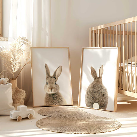 Minimalist rabbit artwork set featuring a cute bunny face and tail, perfect for kids' rooms