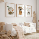 Elephant in a green hat, koala in ochre dungarees and bunny in a green outfit across three matching animal prints.