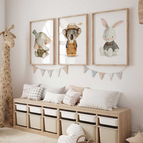 Set of 3 bunny, koala and elephant nursery prints in neutral tones for kids’ bedroom wall art.