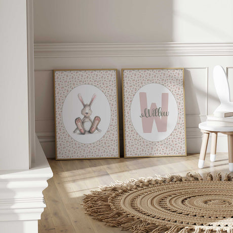 Bunny and personalised Willow initial prints with matching pink rose patterns, white oval centres and green details.