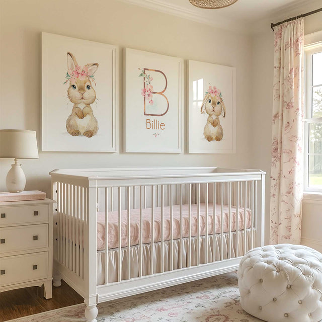 Personalised bunny print set with floral initial and two rabbit prints in soft pink tones