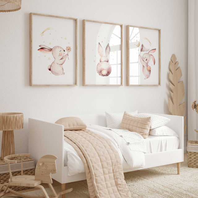 Bunny nursery wall art set of three blush baby girl prints