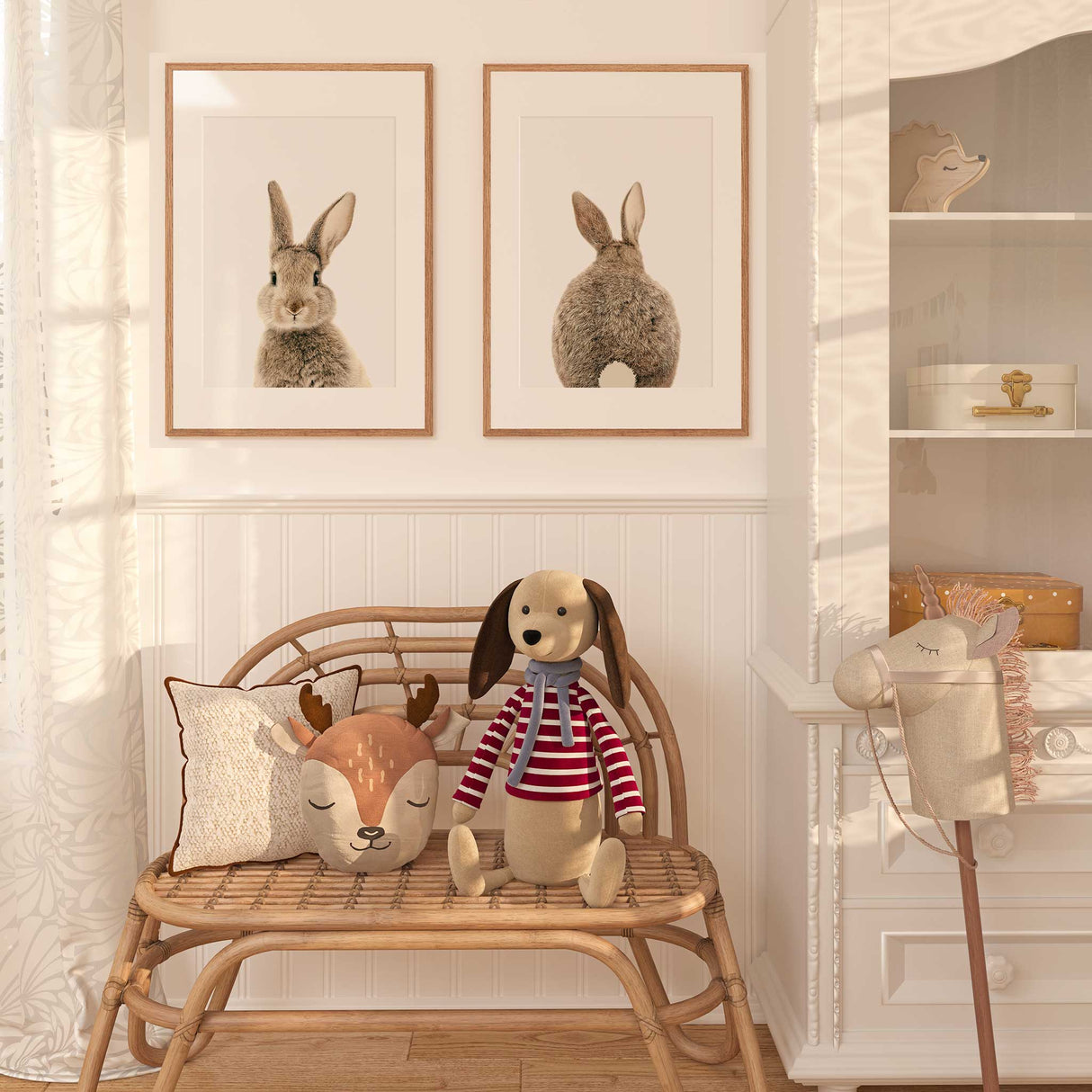 Bunny wall art set featuring a rabbit front portrait and back view in soft neutral tones for nursery decor or kids bedroom