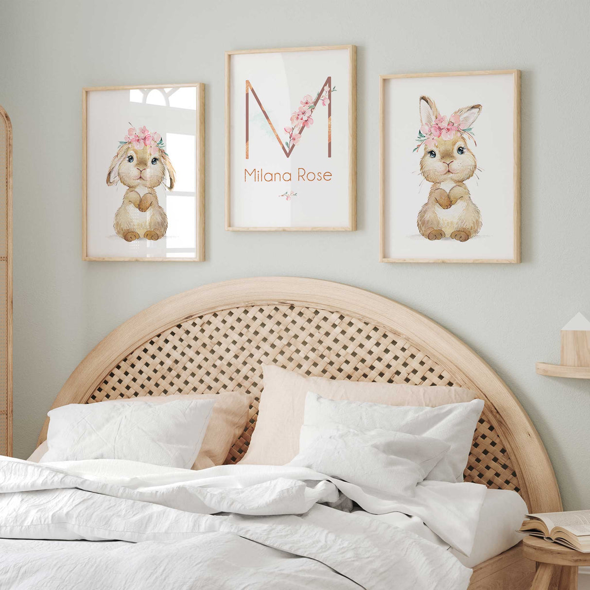 Personalised girls bunny wall art set with name and floral design, perfect for nursery or baby girl’s room.
