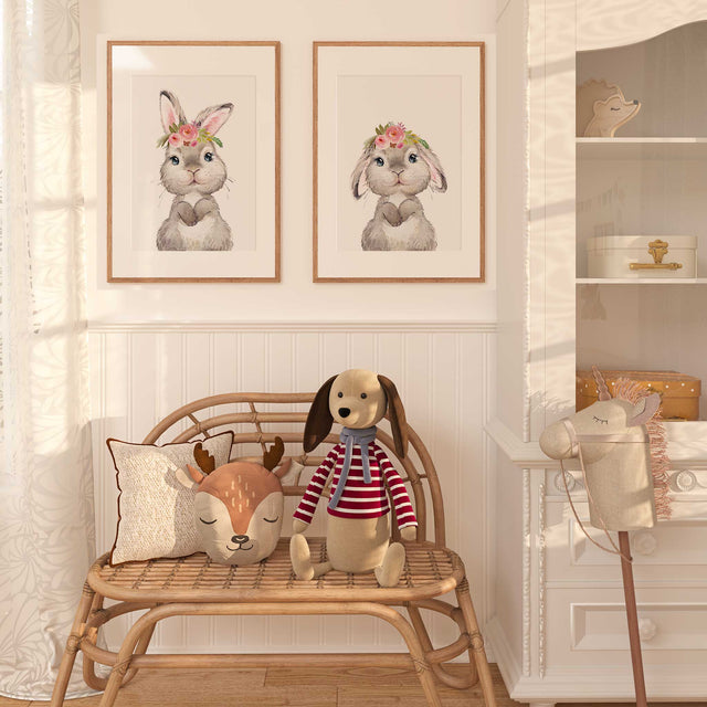 bunny wall art set of two floral rabbit watercolour prints