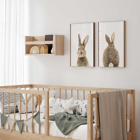 Set of two neutral bunny prints showing a close-up rabbit portrait and matching rear view with a fluffy tail
