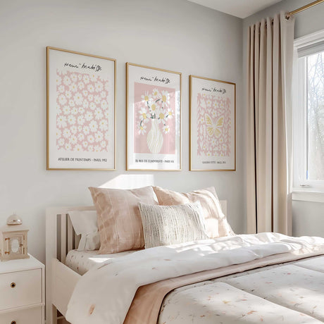 Pink butterfly and floral wall print in abstract paper-cut design