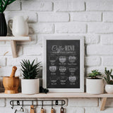 Café style coffee menu print ideal for kitchen décor or coffee nook styling.