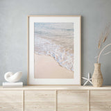 calming coastal ocean wall art featuring soft waves and sandy beach