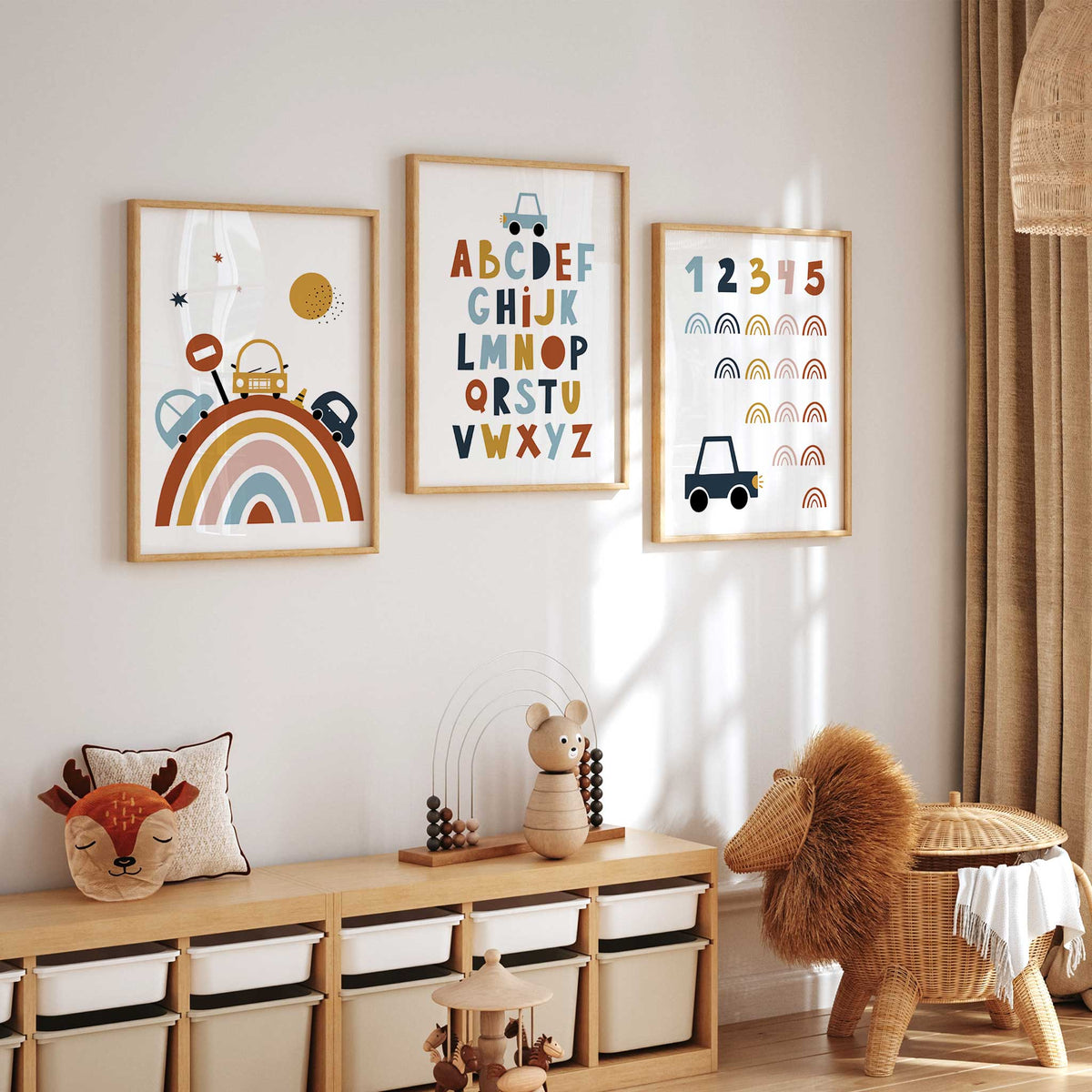 Three car-themed prints with coloured alphabet letters, rainbow cars and numbers 1 to 5 on off-white backgrounds.