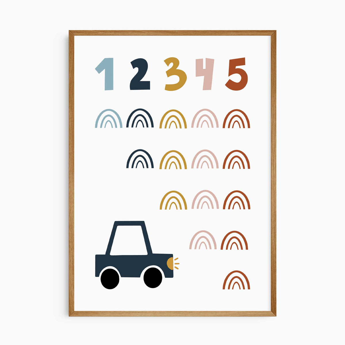 Numbers 1 to 5 in blue, navy, mustard, pink and rust with rows of small rainbows and a navy car on an off-white background.