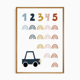 Numbers 1 to 5 in blue, navy, mustard, pink and rust with rows of small rainbows and a navy car on an off-white background.