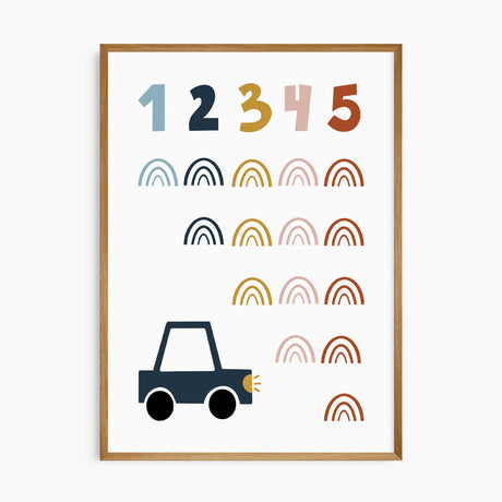 Numbers 1 to 5 in blue, navy, mustard, pink and rust with rows of small rainbows and a navy car on an off-white background.