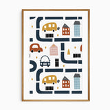 Car and road pattern print with navy streets, mustard and rust vehicles, colourful buildings and pedestrian crossings.