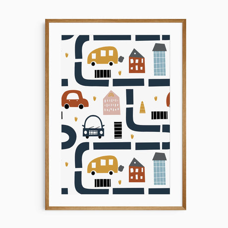 Car and road pattern print with navy streets, mustard and rust vehicles, colourful buildings and pedestrian crossings.