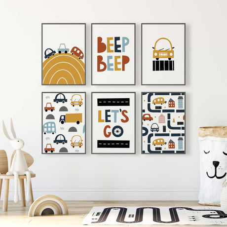 Car wall art set of six with Beep Beep and Let's Go designs, a mustard road, yellow car and two vehicle patterns