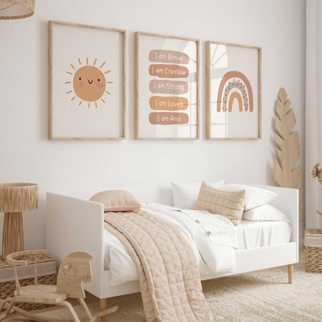 Coordinating caramel and terracotta prints featuring a smiling sun, dotted rainbow and personalised affirmation panels.
