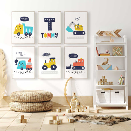 6 colourful cartoon vehicle construction prints including a personalised print