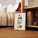 Cartoon tractor, crane truck and dump truck print in mustard, blue and grey, with a black Beep! speech bubble
