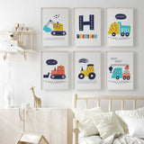 Cartoon construction prints set of six with a navy road initial, multicoloured name and five smiling vehicle designs.