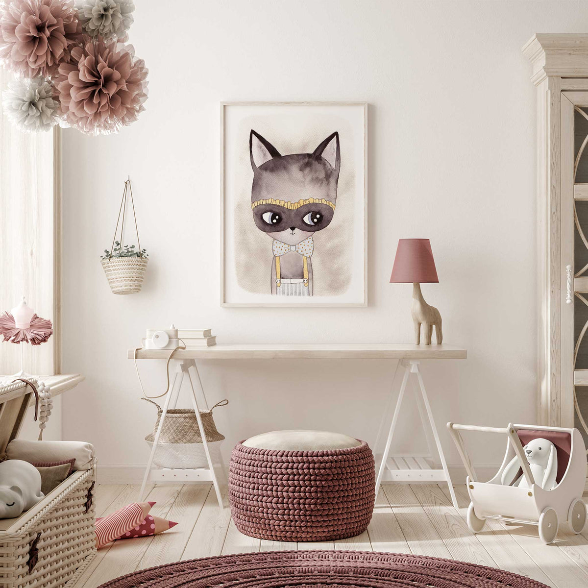 Grey watercolour cat character wearing a spotted bow tie and suspenders for a child’s bedroom or playroom
