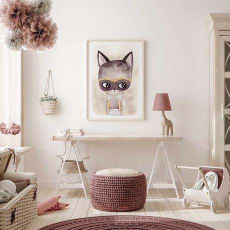 Grey watercolour cat character wearing a spotted bow tie and suspenders for a child’s bedroom or playroom