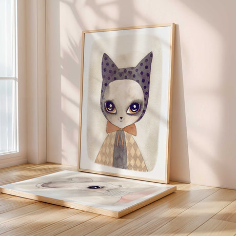 Watercolour cat wall art for kids featuring a softly illustrated cat with spotted headpiece and neutral tones
