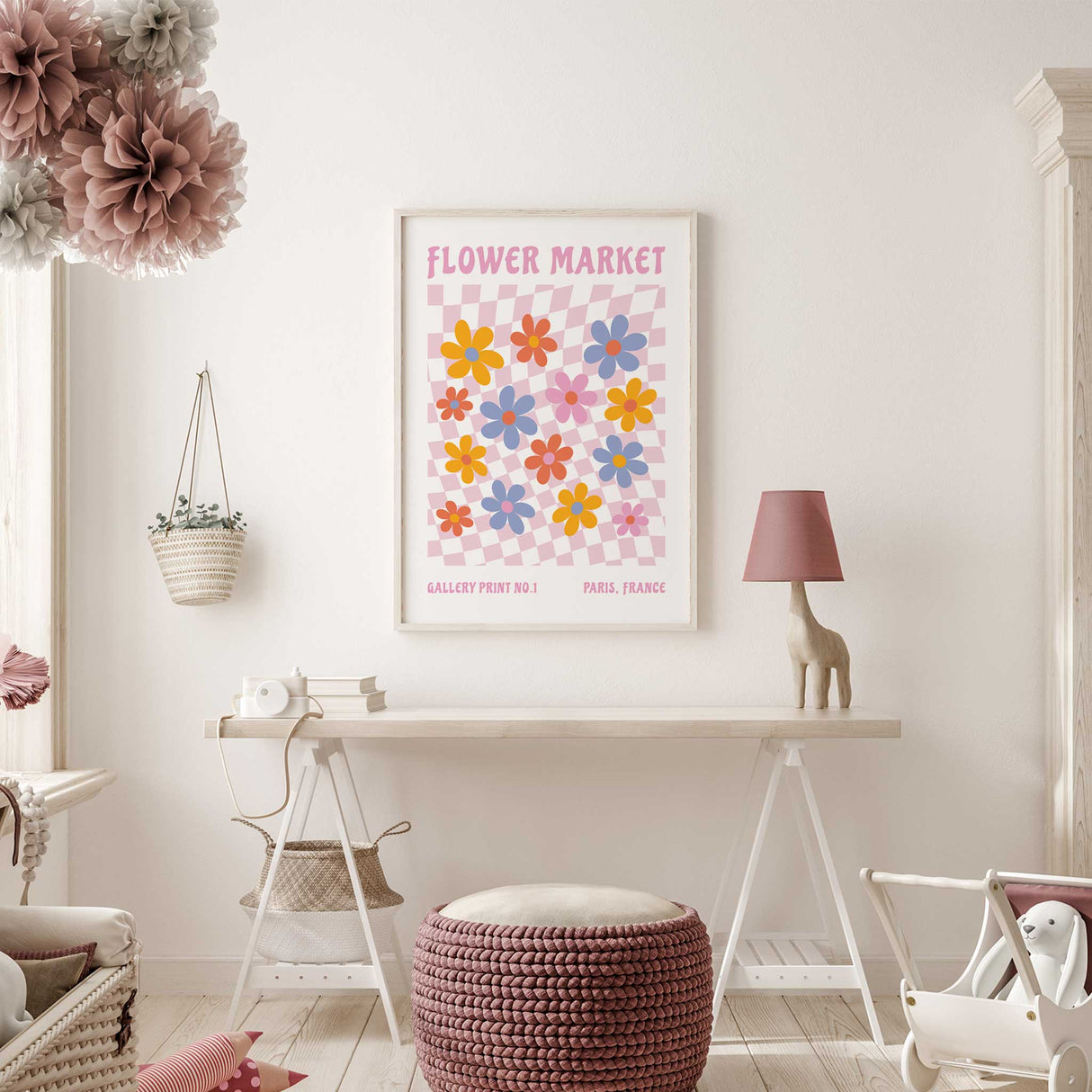 Flower market art print with pink checkerboard background and flowers