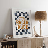 Little Racer Dude typography artwork with ochre words and a charcoal and off-white racing pattern in a portrait design.