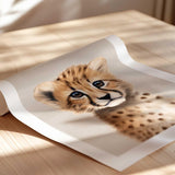 Cheetah baby animal nursery print in neutral tones, modern Scandinavian kids wall art.