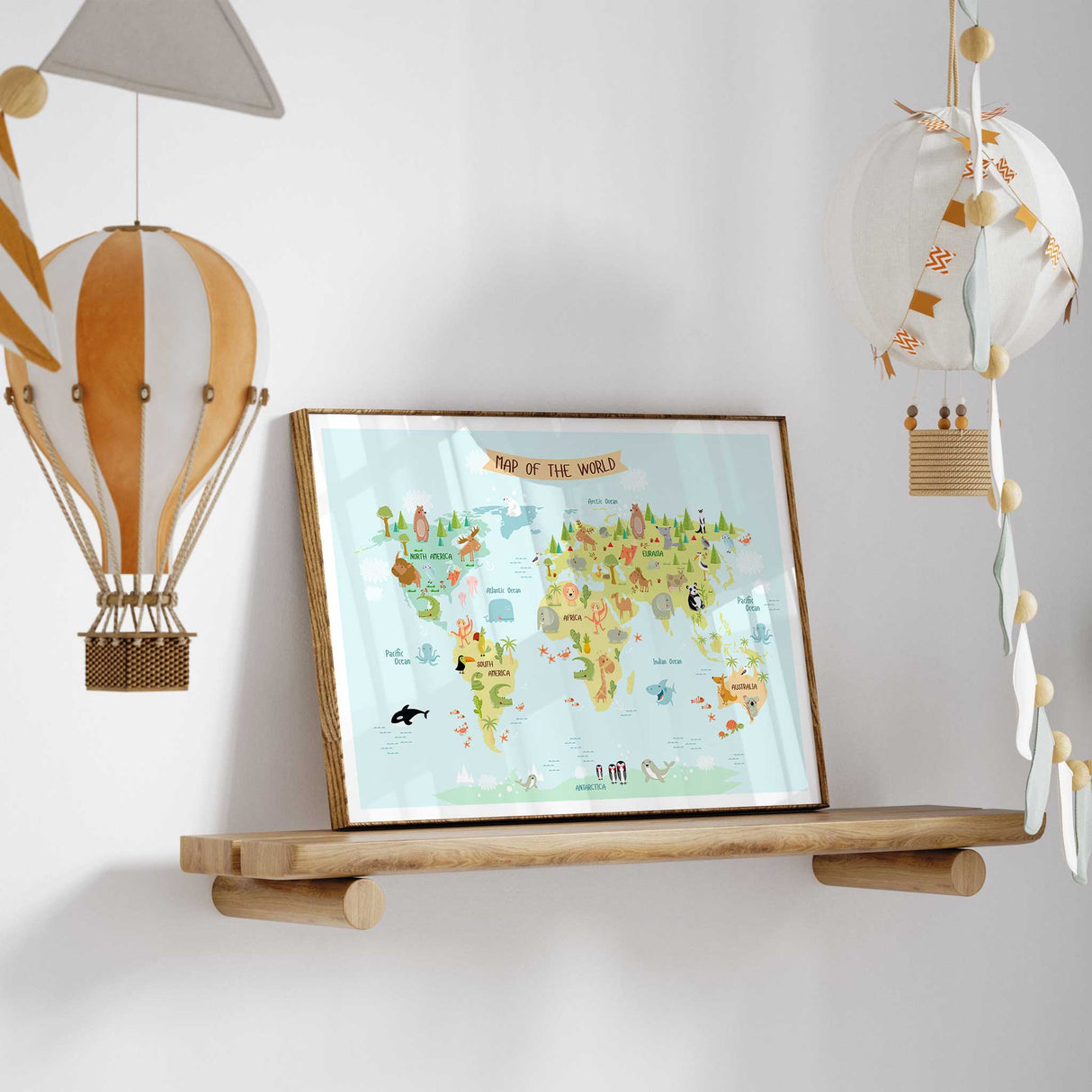 Children's world map print with animals including kangaroo panda elephant bear penguins and sea life