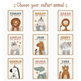 Nine personalised safari animal print choices including lion, giraffe, elephant, leopard, rhino, hippo, monkey, crocodile and zebra.